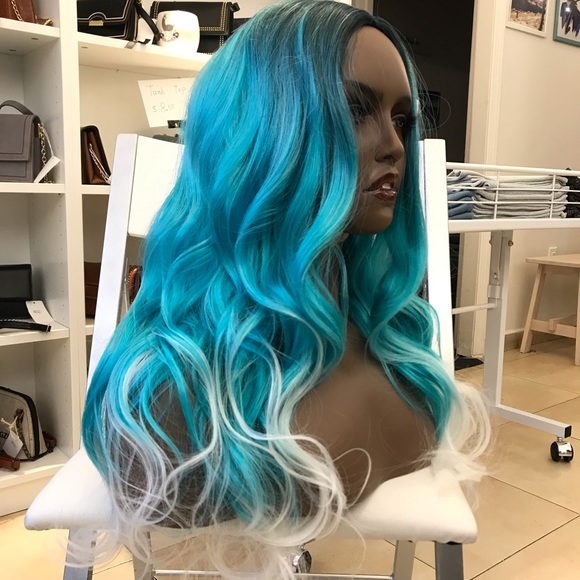 Human hair blend green mix blue with white wig - Picture 3 of 8